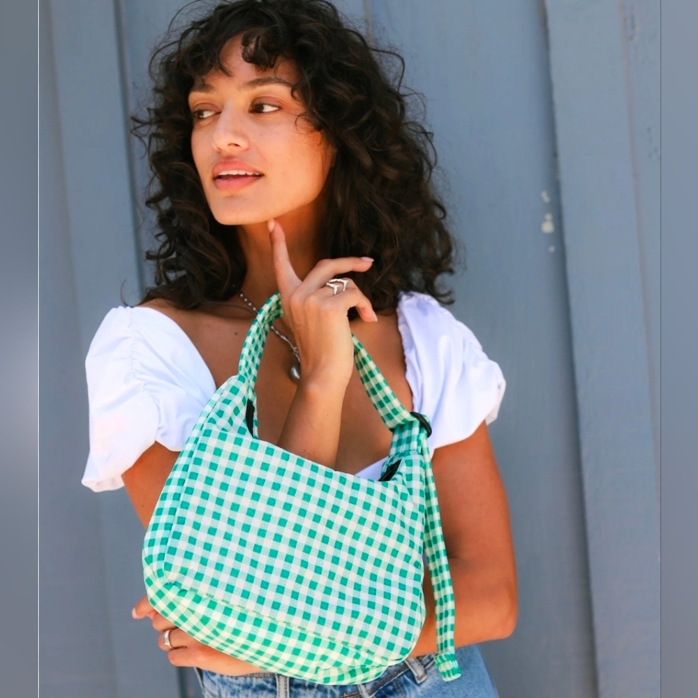 BAGGU Mini Nylon Shoulder Bag Green Gingham - Picture 2 of 7